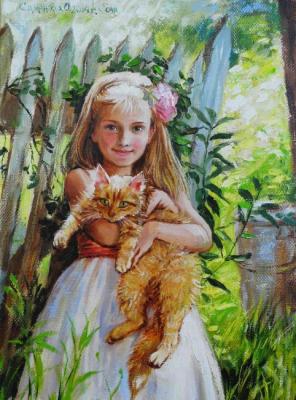 Summer in a garden (the girl with a cat)