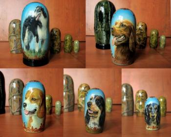 Nested doll painted with portraits of dogs of hunting breeds; 5 places ( ). Novodvorskaya Alexandra
