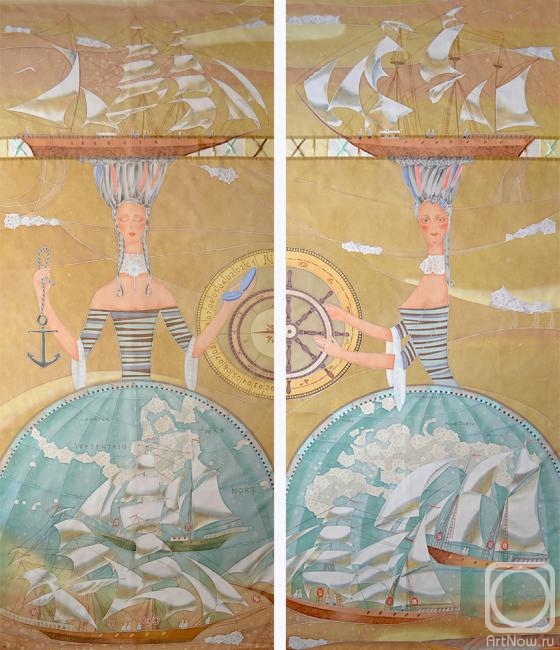 Alferonok Victoria. Hand-painted curtains "Sea Stories"