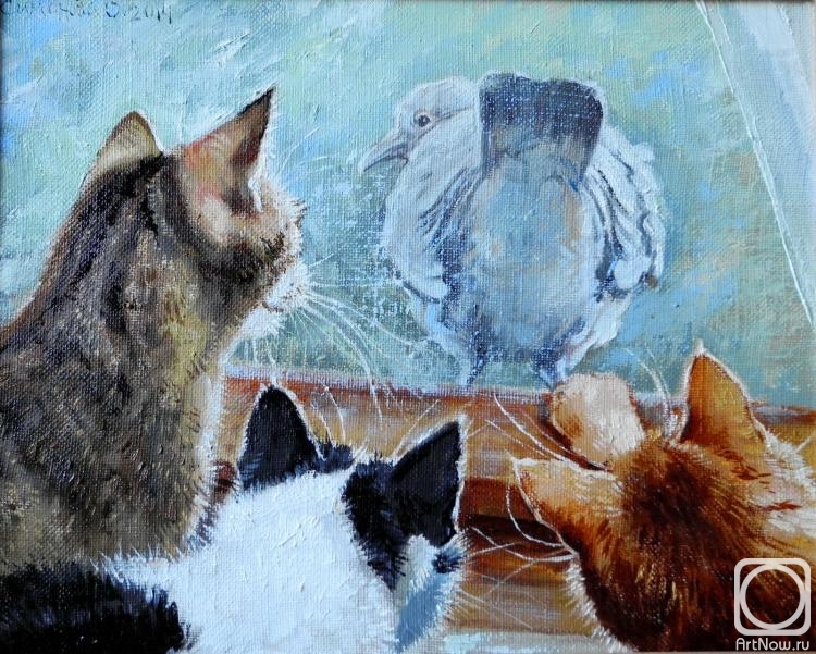 Simonova Olga. Pigeon and three cats