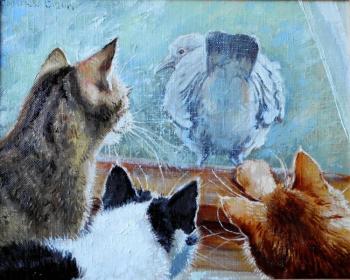 Pigeon and three cats. Simonova Olga