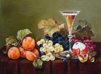 Still-life with a glass of champagne, grapes and apricots
