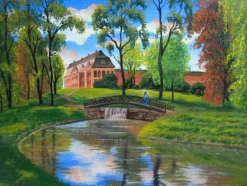 Dom na holme v osennih tonah. Chelikanov Valeri