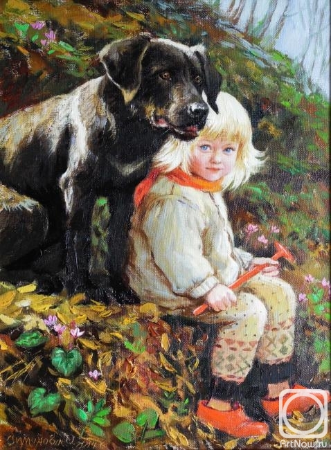 Simonova Olga. Mashenka and Charlik in the wood (the daughter's portrait)