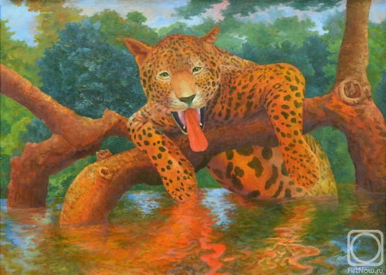 Dementiev Alexandr. Content leopard shows tongue