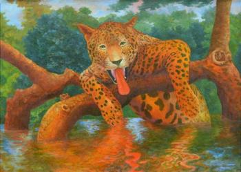 Content leopard shows tongue. Dementiev Alexandr