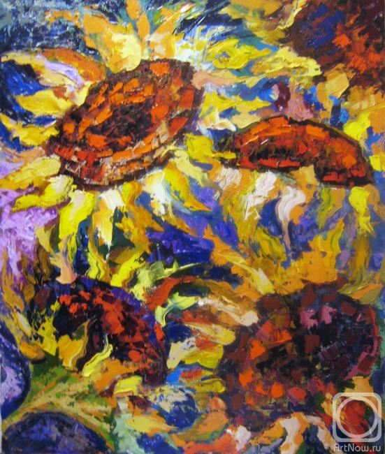 Taran Diana. Sunflowers painted with a palette knife
