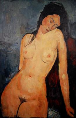 Sitting naked. A copy of the painting by A. Modigliani