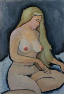 Sitting on the bed sheet (Nudist). Klenov Valeriy