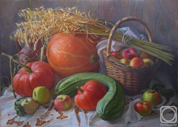 Shumakova Elena. Pumpkins, apples and ears of corn