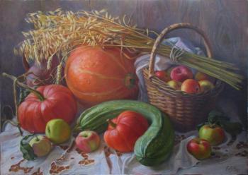 Pumpkins, apples and ears of corn. Shumakova Elena
