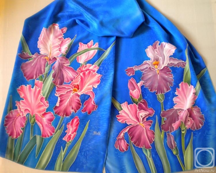 Moskvina Tatiana. Scarf batik "Irises on bright blue"