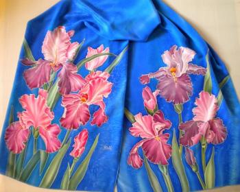 Scarf batik "Irises on bright blue"
