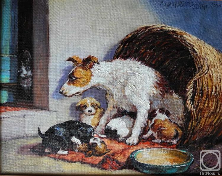 Simonova Olga. Dog with puppies and a cat