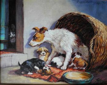 Dog with puppies and a cat (Animalistic Genre). Simonova Olga