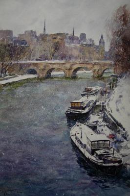 The first snow. Paris. Pont Neuf