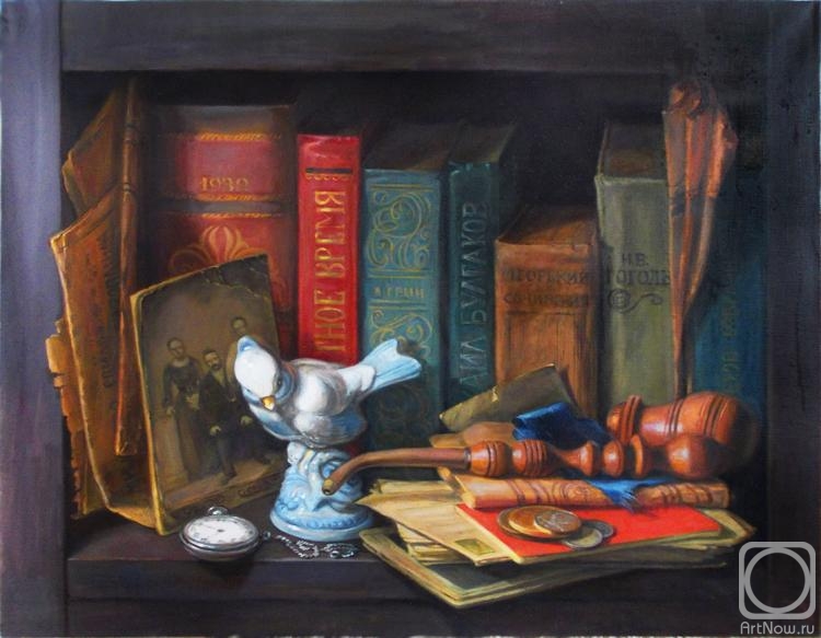 Shumakova Elena. Shelves with books and tube