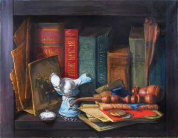 Shelves with books and tube. Shumakova Elena