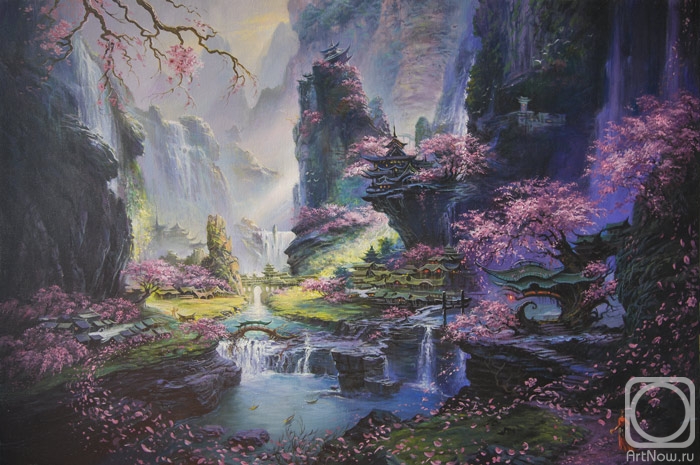 ������� ������ �� ������. ��������� �����. Asia River Temple Cherry Trees