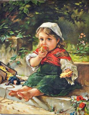 portrait of a girl with apple. Komarovskaya Yelena