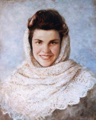 The woman's portrait in a white scarf
