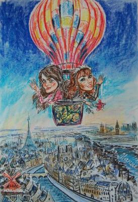 Hot-air balloon over Paris and London, from a photo