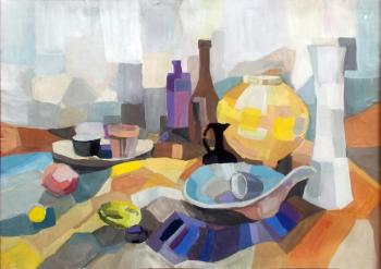 Still life with yellow vase and black jug