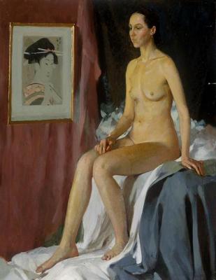 Nude girl with Japanese prints. Dolgaya Olga