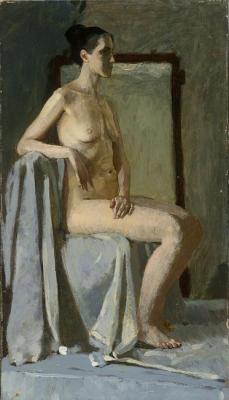 Nude sitting on a mirror background. Dolgaya Olga