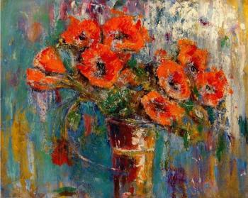 Poppies in a red vase