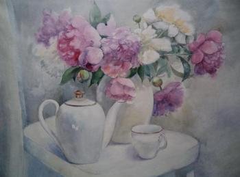 Peonies and white teapot. Bekirova Natalia