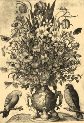 Vase with flowers and birds