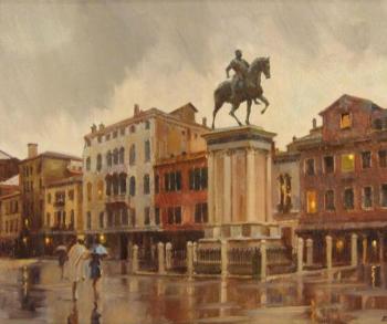 Rain in Venice. Monument to Colleone