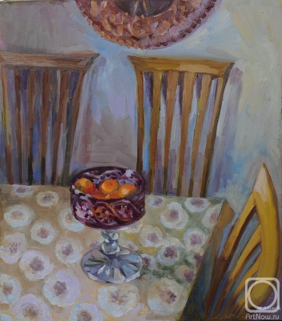 Yavisheva Tatiana. Red vase with tangerines on the table