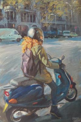 Barcelona, crossroads. We stand at the traffic light (Motorbike Painting). Dobrovolskaya Gayane