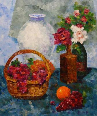 Still Life with Fruit Basket and Roses (An Orange Rose). Lukaneva Larissa