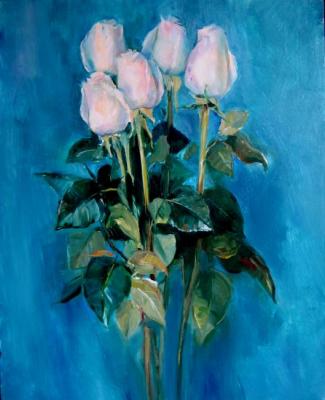 White roses on blue-green