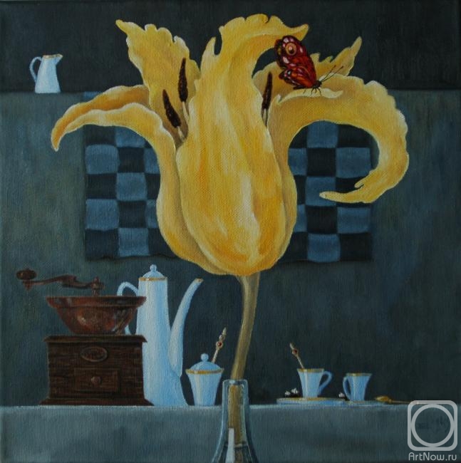 Rybakova Ekaterina. Still life with a tulip, coffee and a butterfly