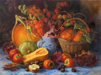 Pumpkins, persimmons and dry leaves. Shumakova Elena