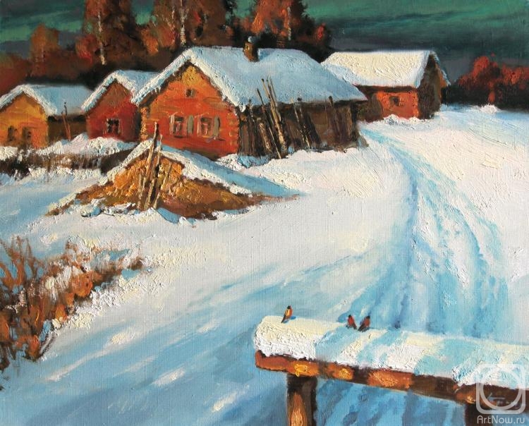 Kremer Mark. Winter in village. Bullfinchs