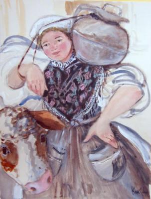 A girl with a jug of milk. Normandy Series (Milk Jug). Koks Aleksandra