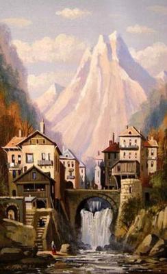 Western European landscape. The city in mountains