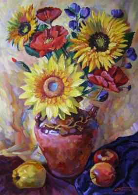 Still life. Sunflower, poppy, jug. Gerasimov Vladimir
