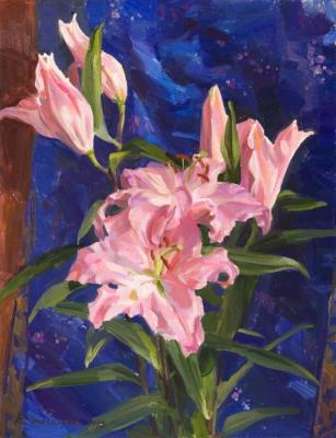 Pink lilies and Chinese silk. Kharchenko Victoria