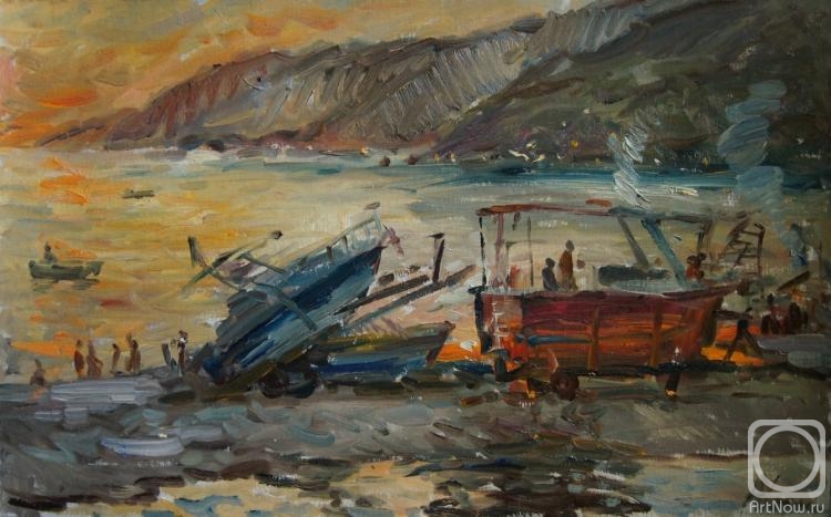 Khvastunova Alla. Boats on the beach, evening